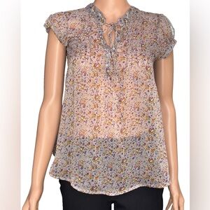 Dmbm Elegant Green Floral Semi Sheer Short Cap Sleeve Blouse Small